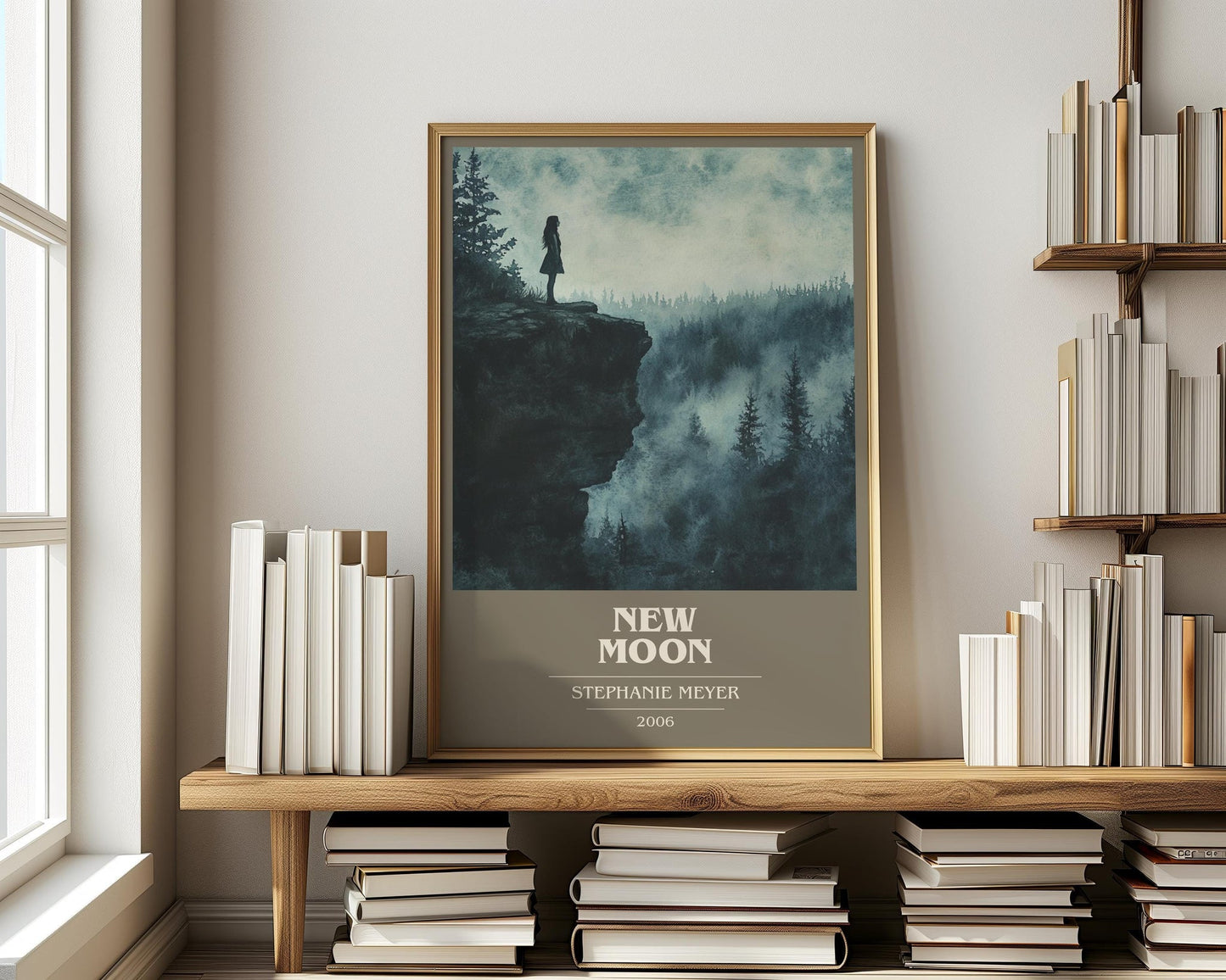 New Moon book cover print on bookshelf – Stephenie Meyer fan gift
