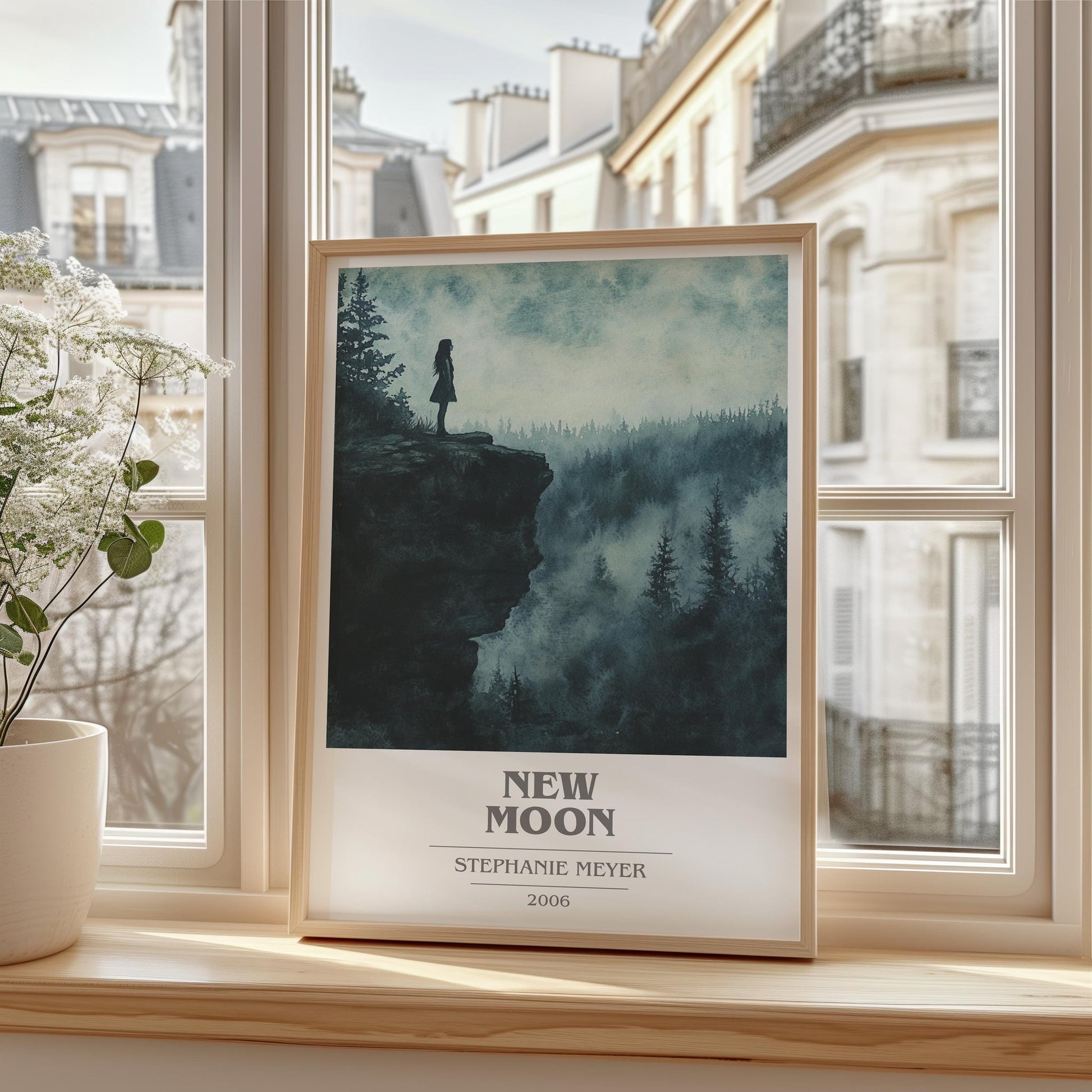 New Moon book cover print framed by window – literary home decor