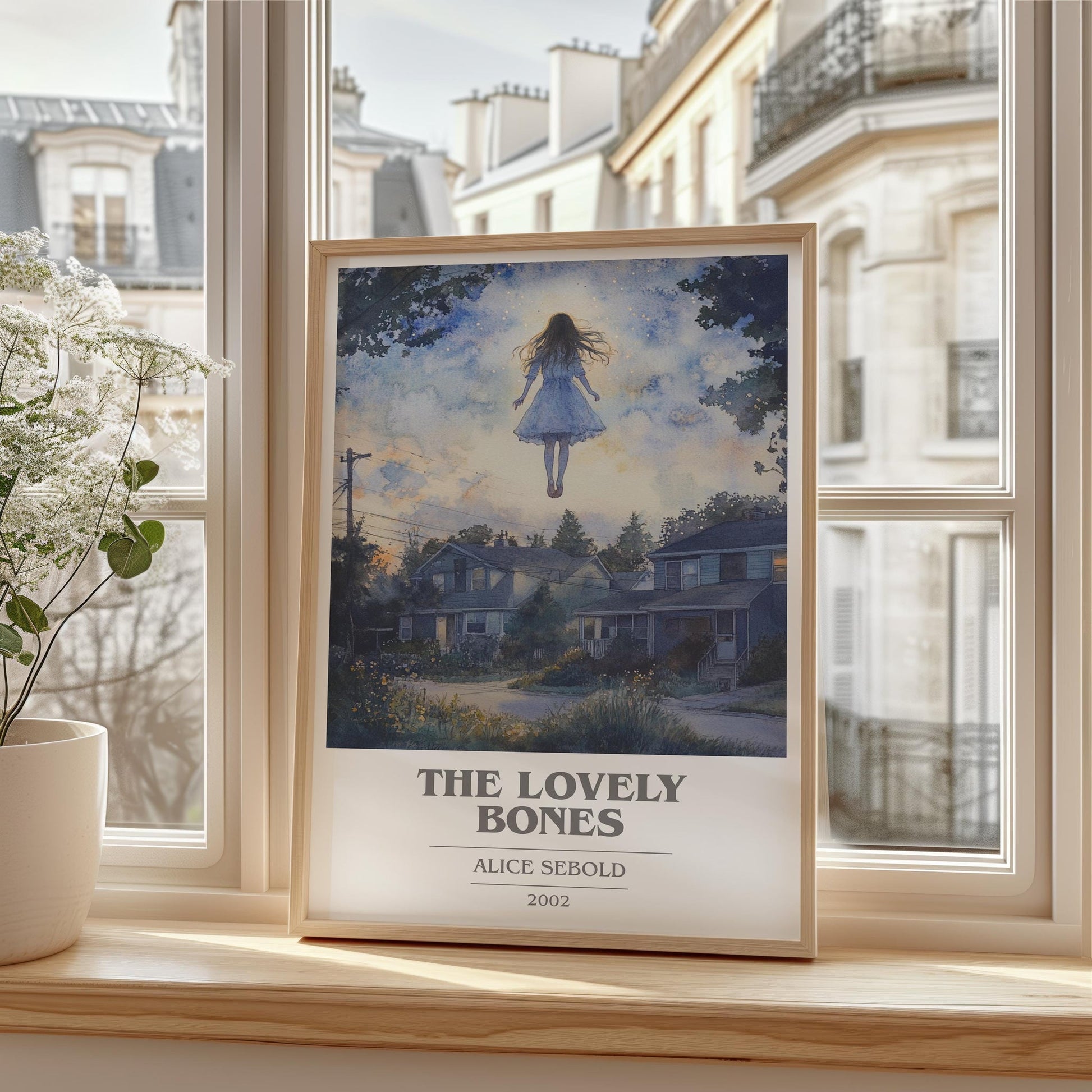 The Lovely Bones book cover print framed by window – literary home decor