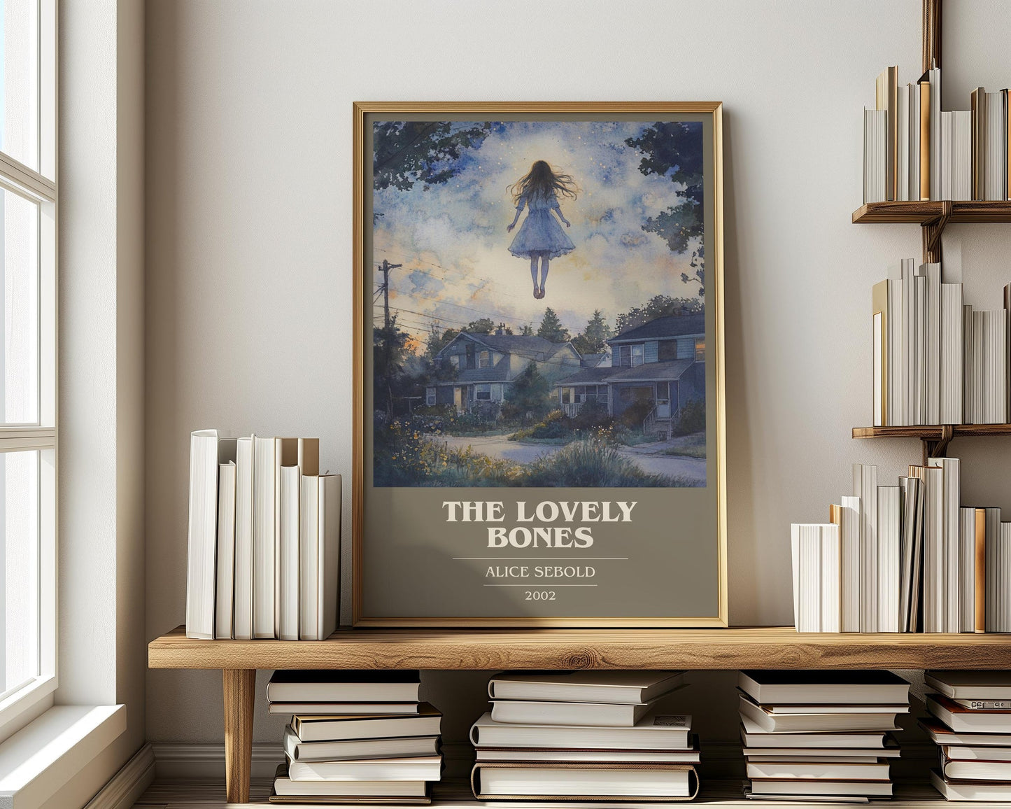 The Lovely Bones book cover print on bookshelf – Alice Sebold fan gift