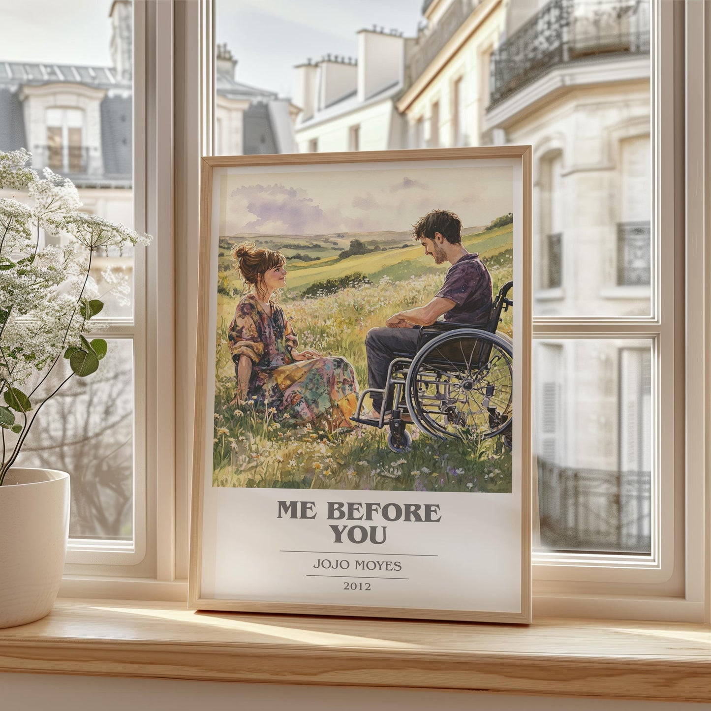 Me Before You book cover print framed by window – literary home decor