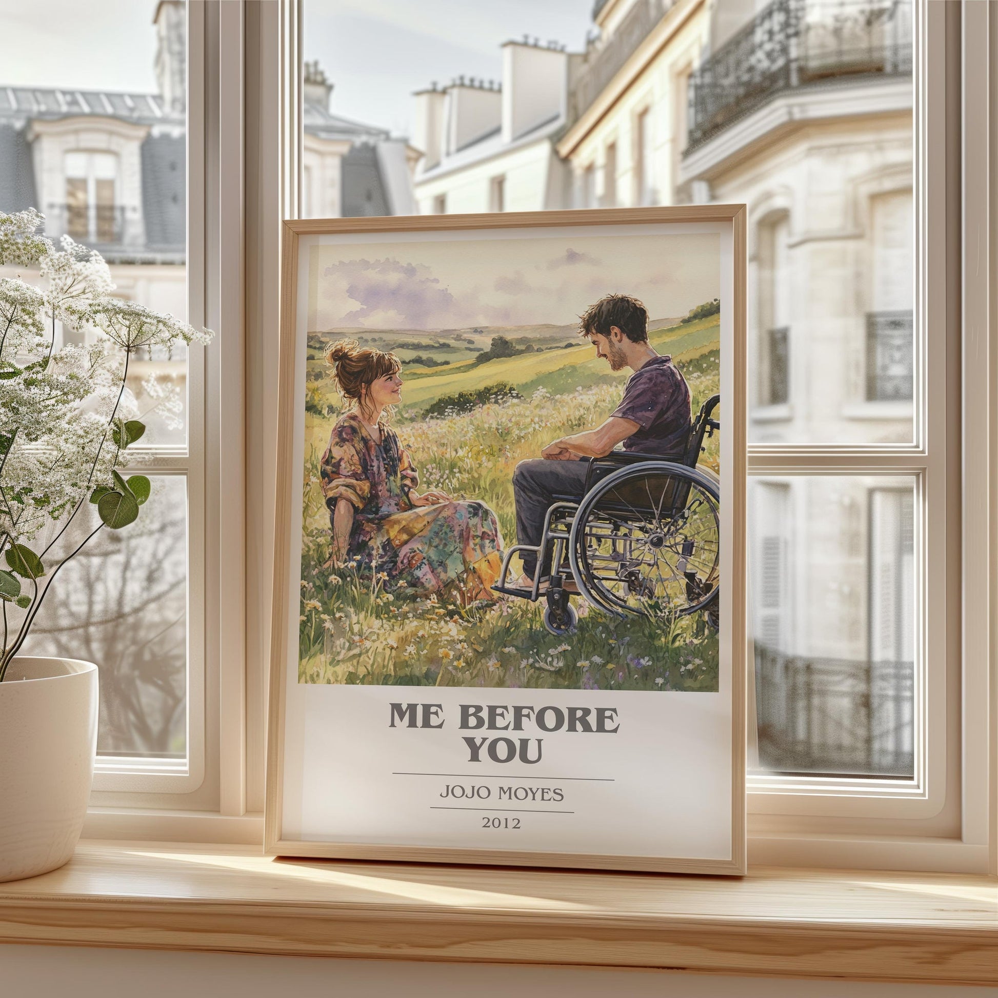 Me Before You book cover print framed by window – literary home decor