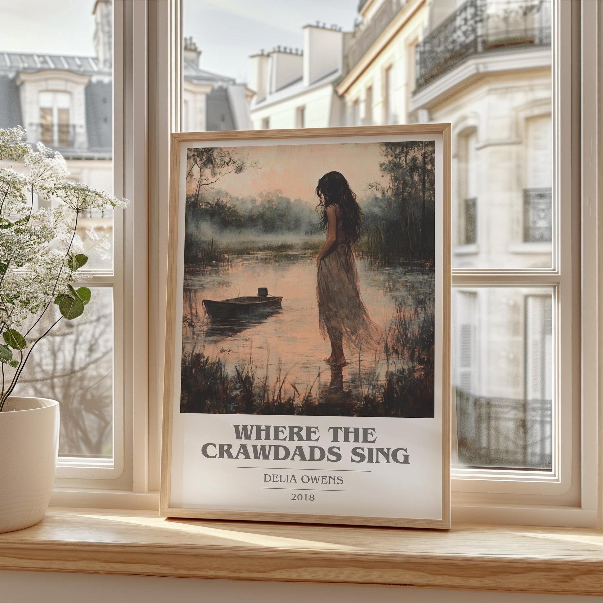 Where the Crawdads Sing book cover print framed by window – literary home decor