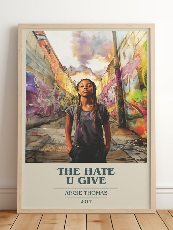 The Hate U Give book cover print in frame leaning in hallway – young adult wall art