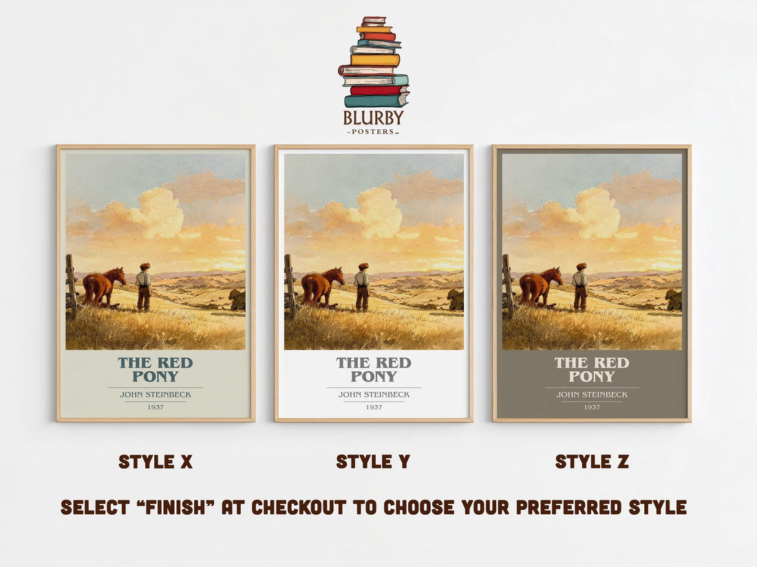 The Red Pony book cover print in frame leaning in hallway – literary fiction wall art (mockup)