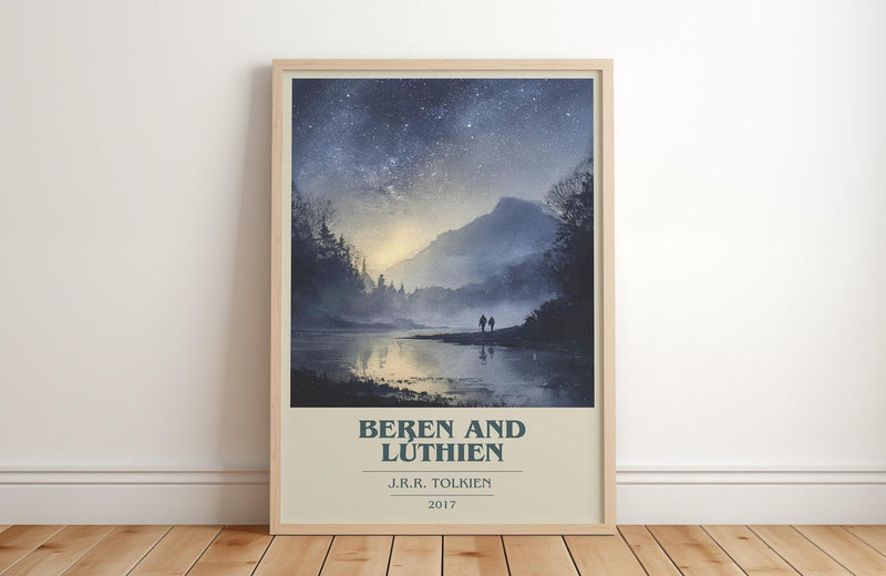 Beren and Lúthien book cover print in frame leaning in hallway – fantasy wall art