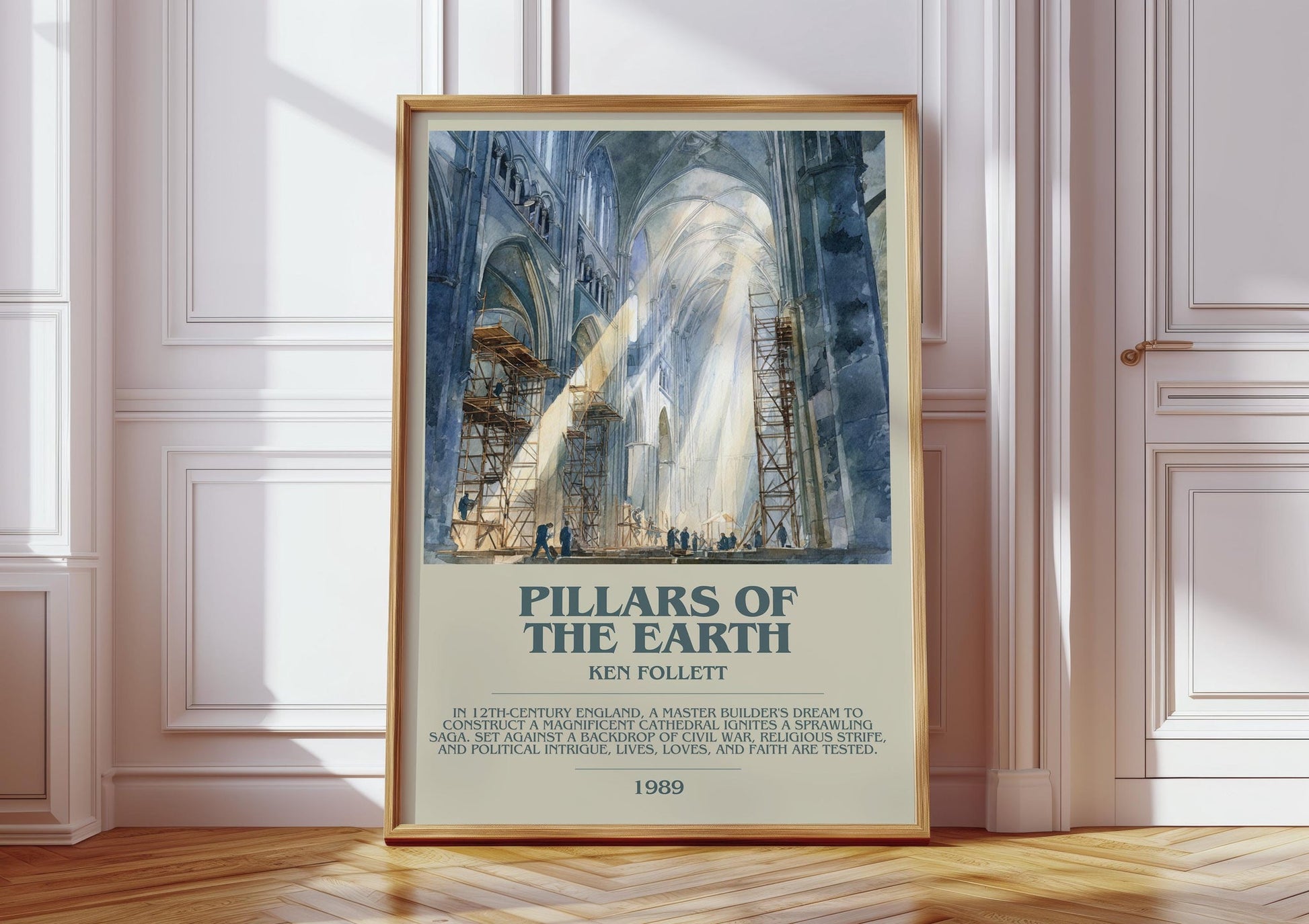 The Pillars of the Earth bookish print in frame leaning in hallway – coming of age wall art