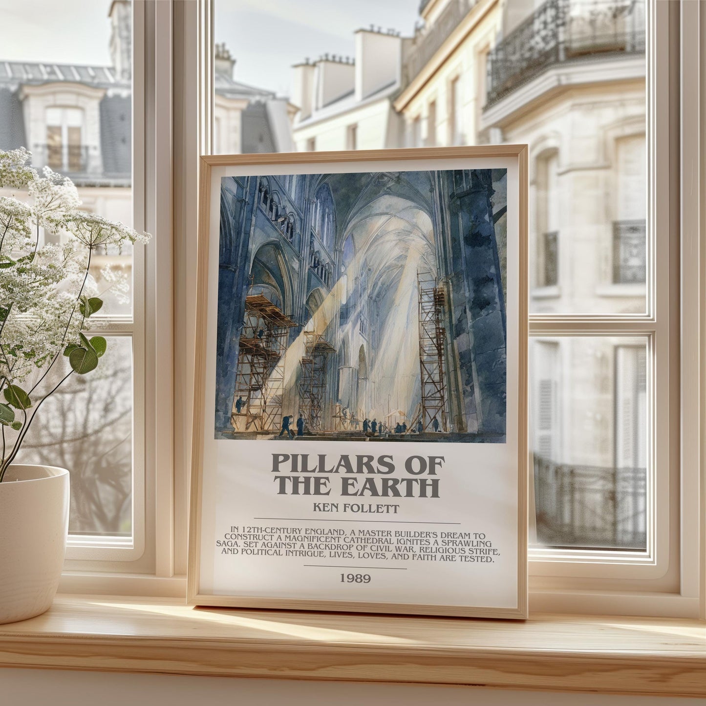 The Pillars of the Earth bookish print framed by window – literary home decor