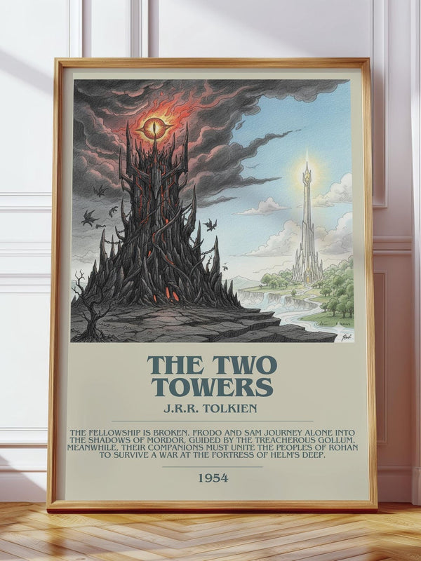 The Two Towers bookish print in frame leaning in hallway – historical fiction wall art