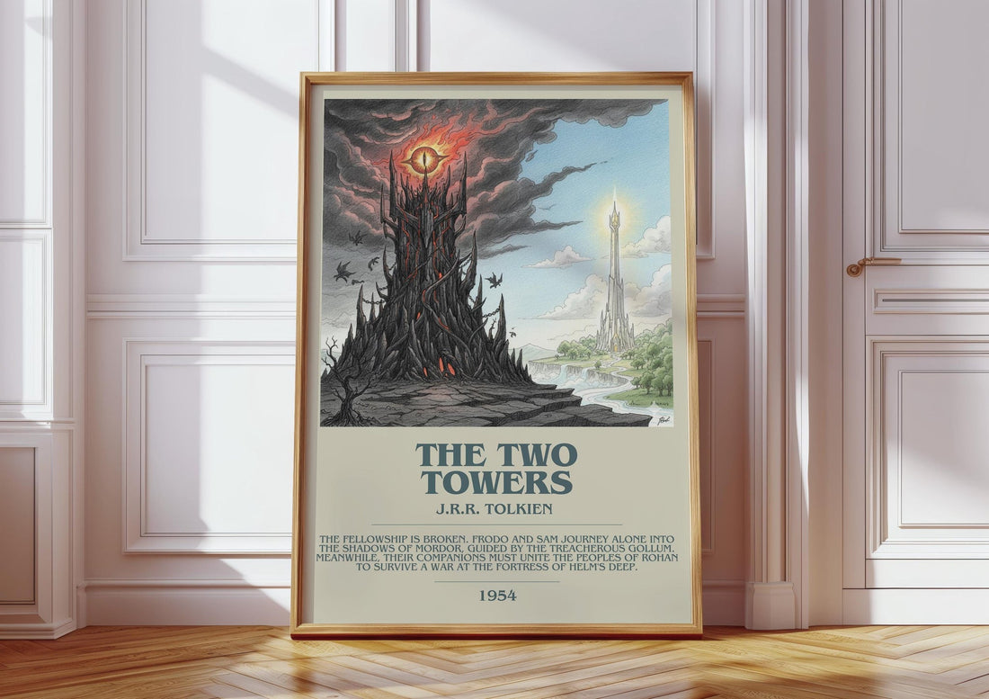 The Two Towers bookish print in frame leaning in hallway – historical fiction wall art (mockup)