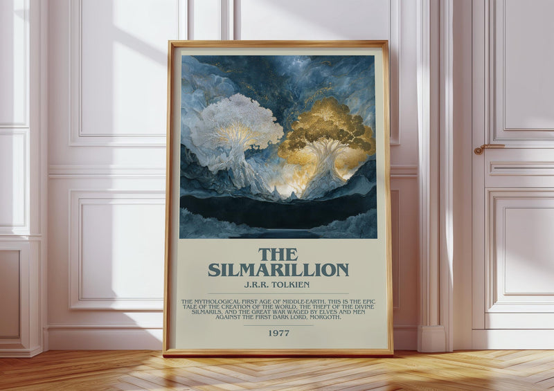 The Silmarillion bookish print in frame leaning in hallway – fantasy wall art