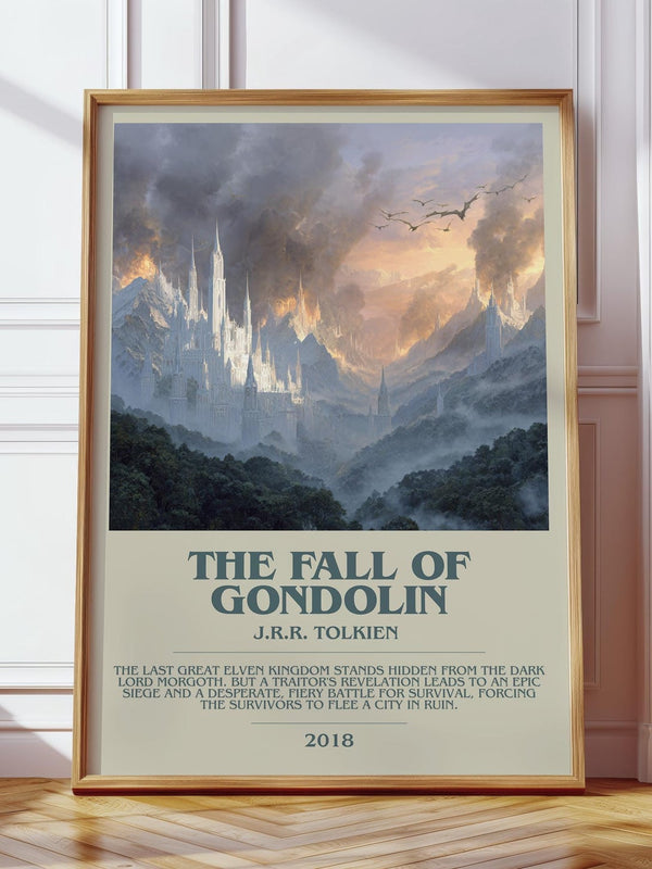 The Fall of Gondolin bookish print in frame leaning in hallway – fantasy wall art