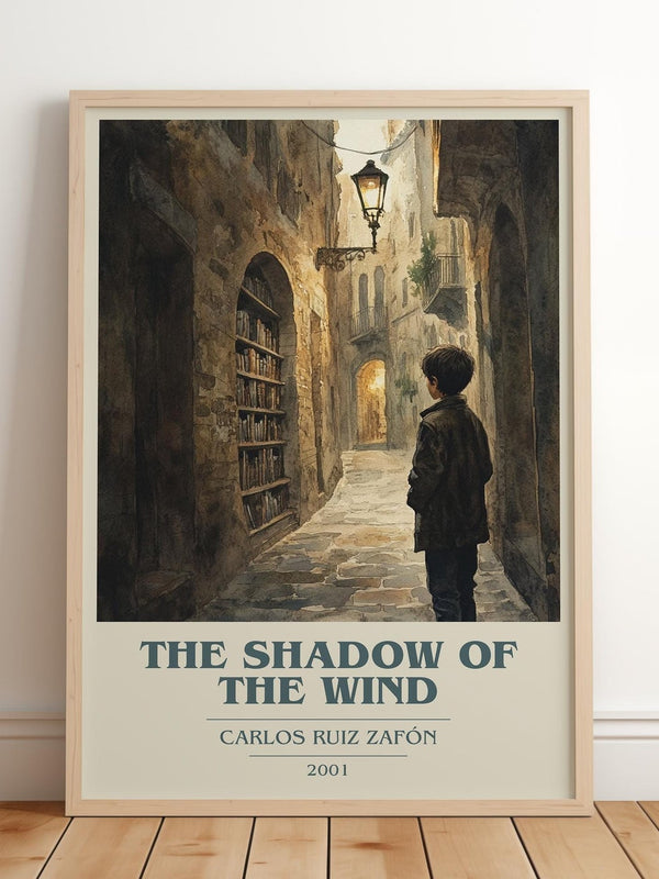 The Shadow Of The Wind book cover print in frame leaning in hallway – gothic wall art