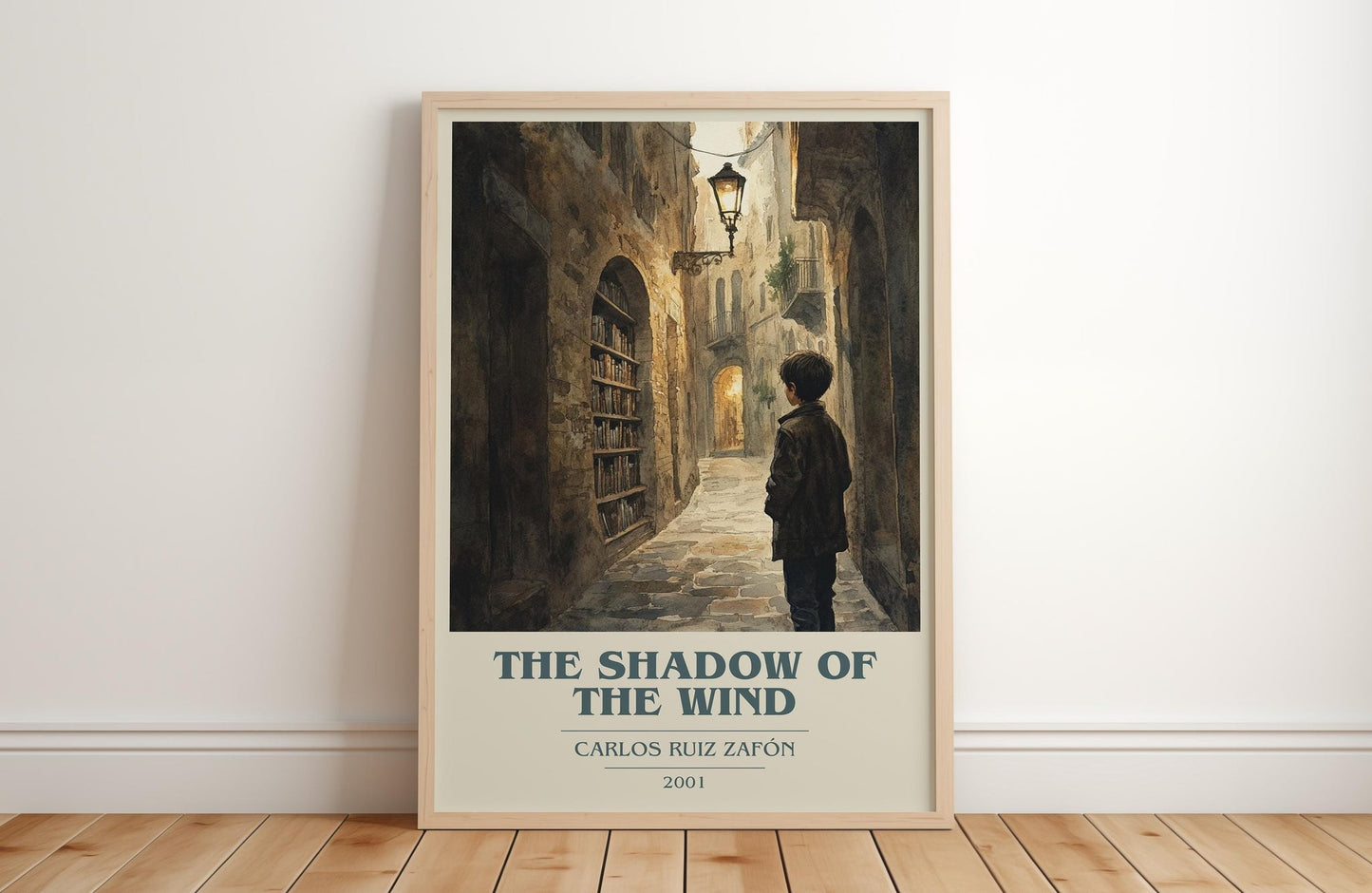 The Shadow Of The Wind book cover print in frame leaning in hallway – gothic wall art