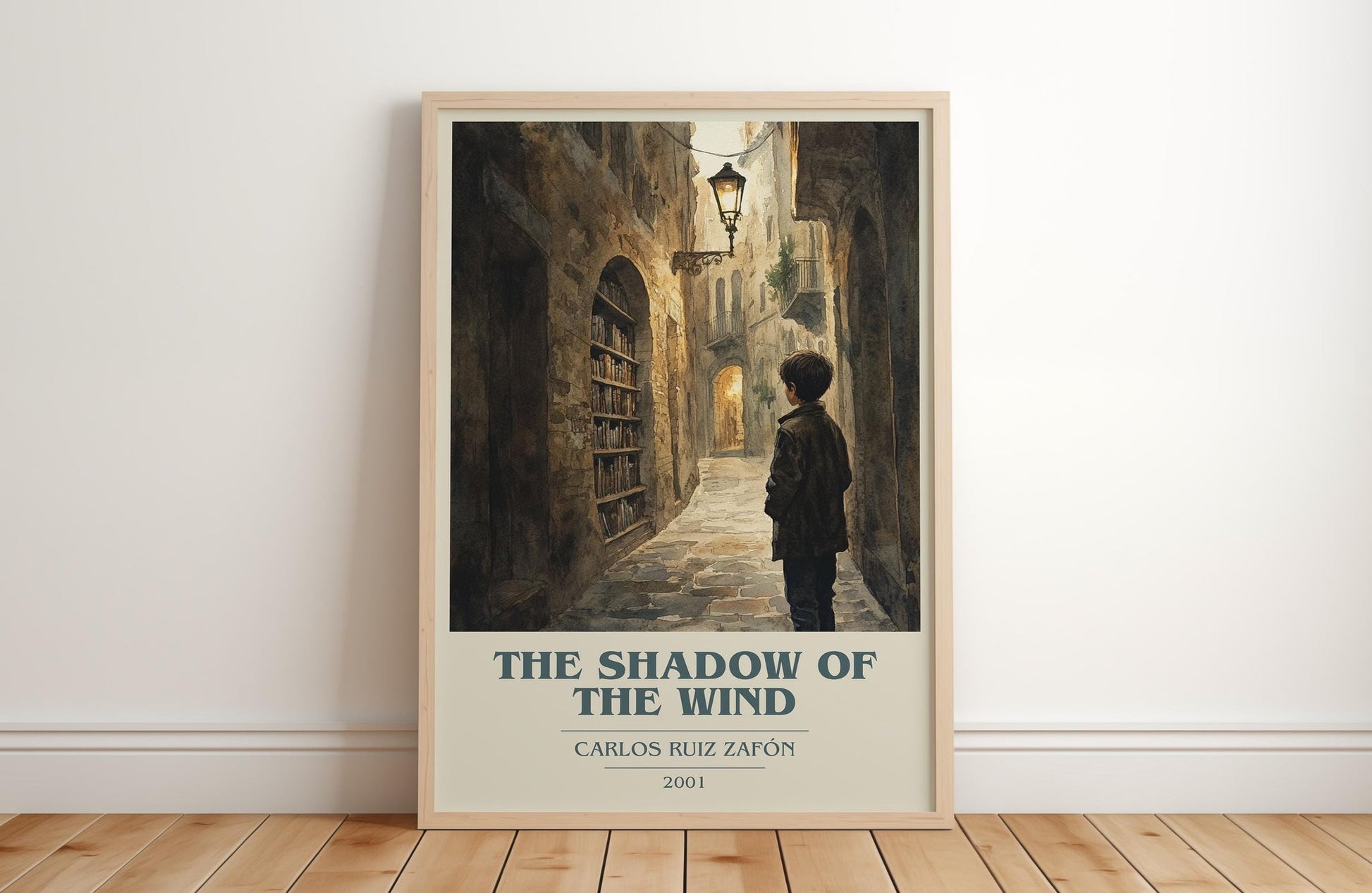 The Shadow Of The Wind book cover print in frame leaning in hallway – gothic wall art