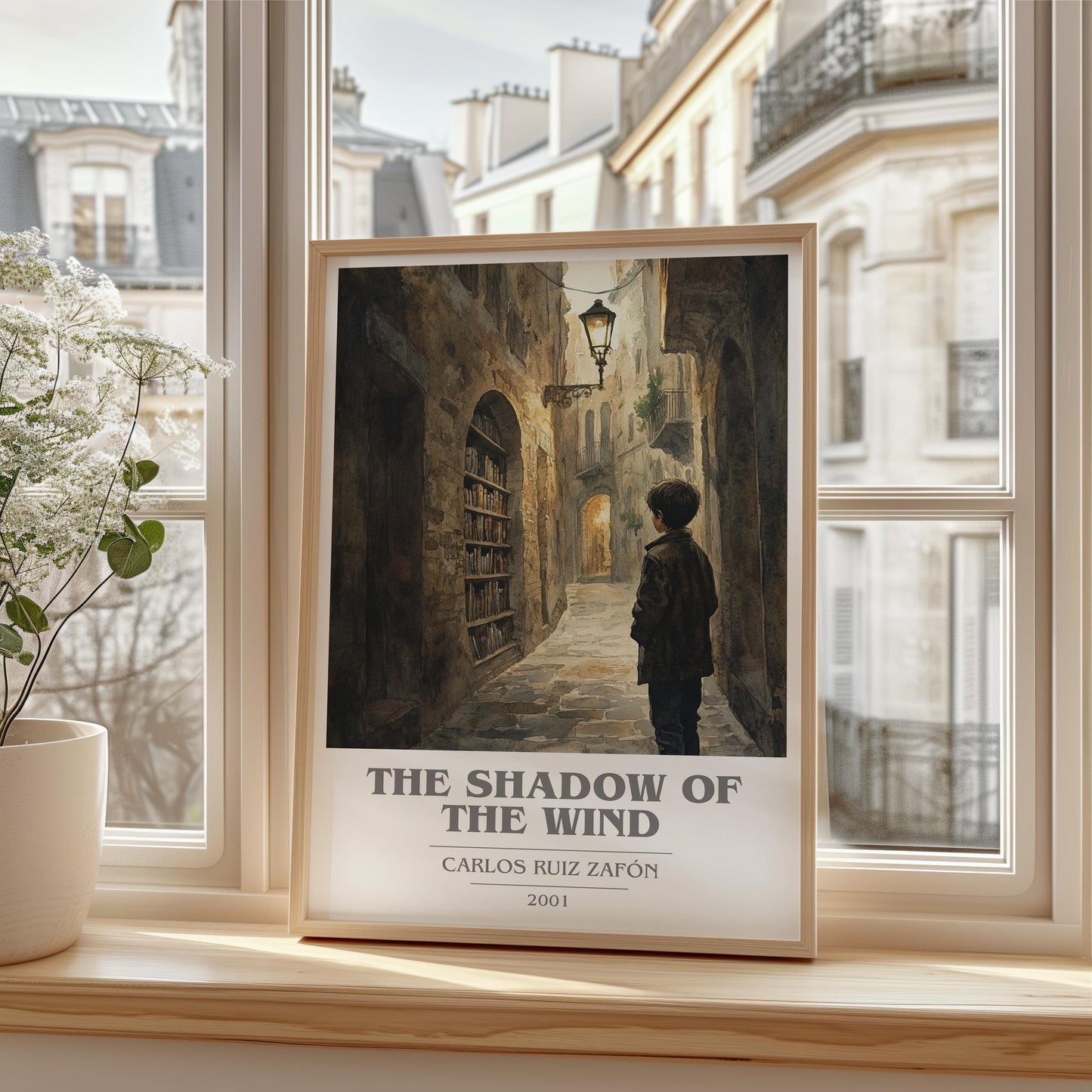 The Shadow Of The Wind book cover print framed by window – literary home decor