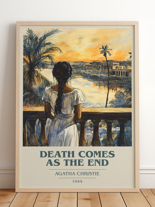 Death Comes as the End book cover print in frame leaning in hallway – mystery wall art
