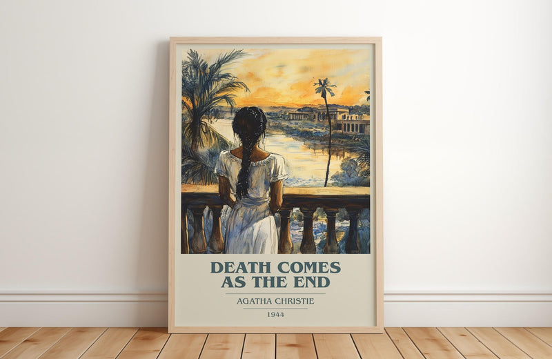 Death Comes as the End book cover print in frame leaning in hallway – mystery wall art