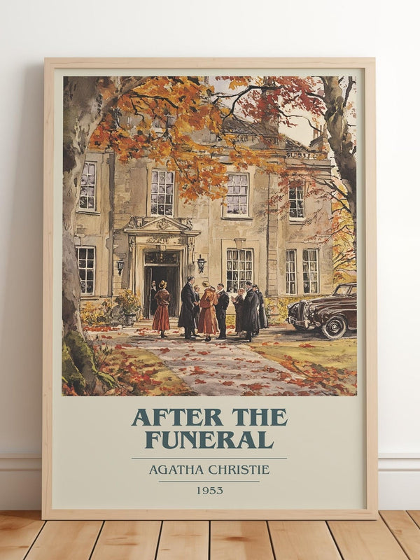 After the Funeral book cover print in frame leaning in hallway – mystery wall art