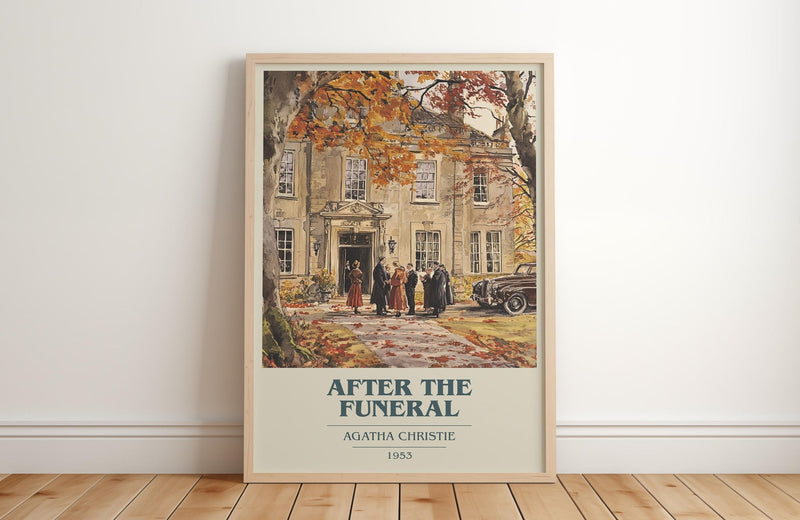 After the Funeral book cover print in frame leaning in hallway – mystery wall art