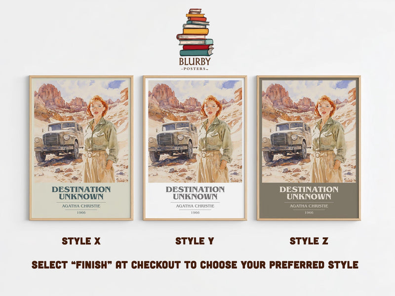 Destination Unknown book cover print in frame leaning in hallway – mystery wall art