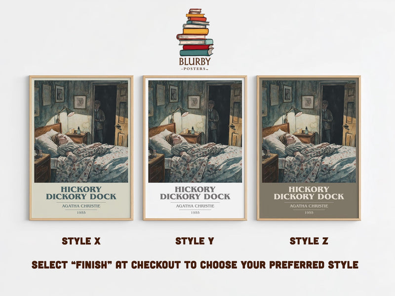 Hickory Dickory Dock book cover print in frame leaning in hallway – mystery wall art