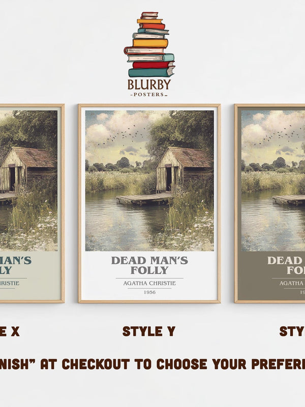 Dead Man's Folly book cover print in frame leaning in hallway – mystery wall art