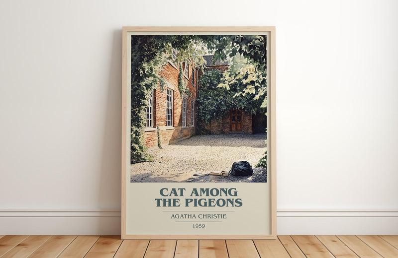 Cat Among the Pigeons book cover print in frame leaning in hallway – mystery wall art