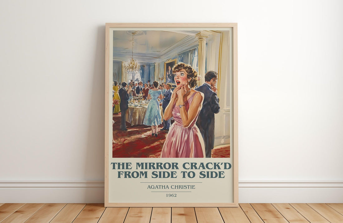 The Mirror Crack'd from Side to Side book cover print in frame leaning in hallway – mystery wall art (mockup)