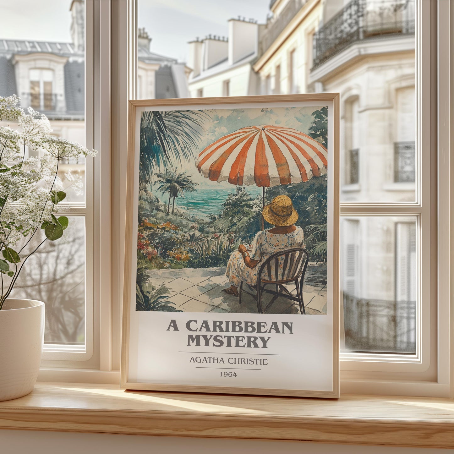 A Caribbean Mystery book cover print framed by window – literary home decor