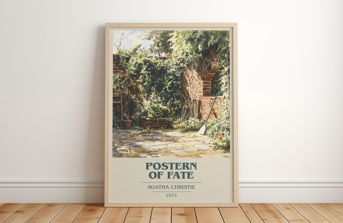 Postern of Fate book cover print in frame leaning in hallway – mystery wall art (mockup)