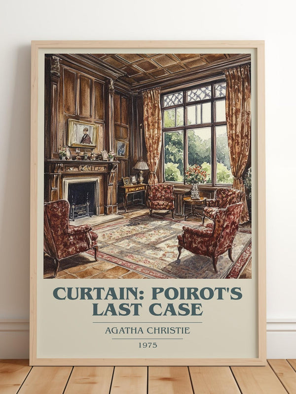 Curtain: Poirot's Last Case book cover print in frame leaning in hallway – mystery wall art
