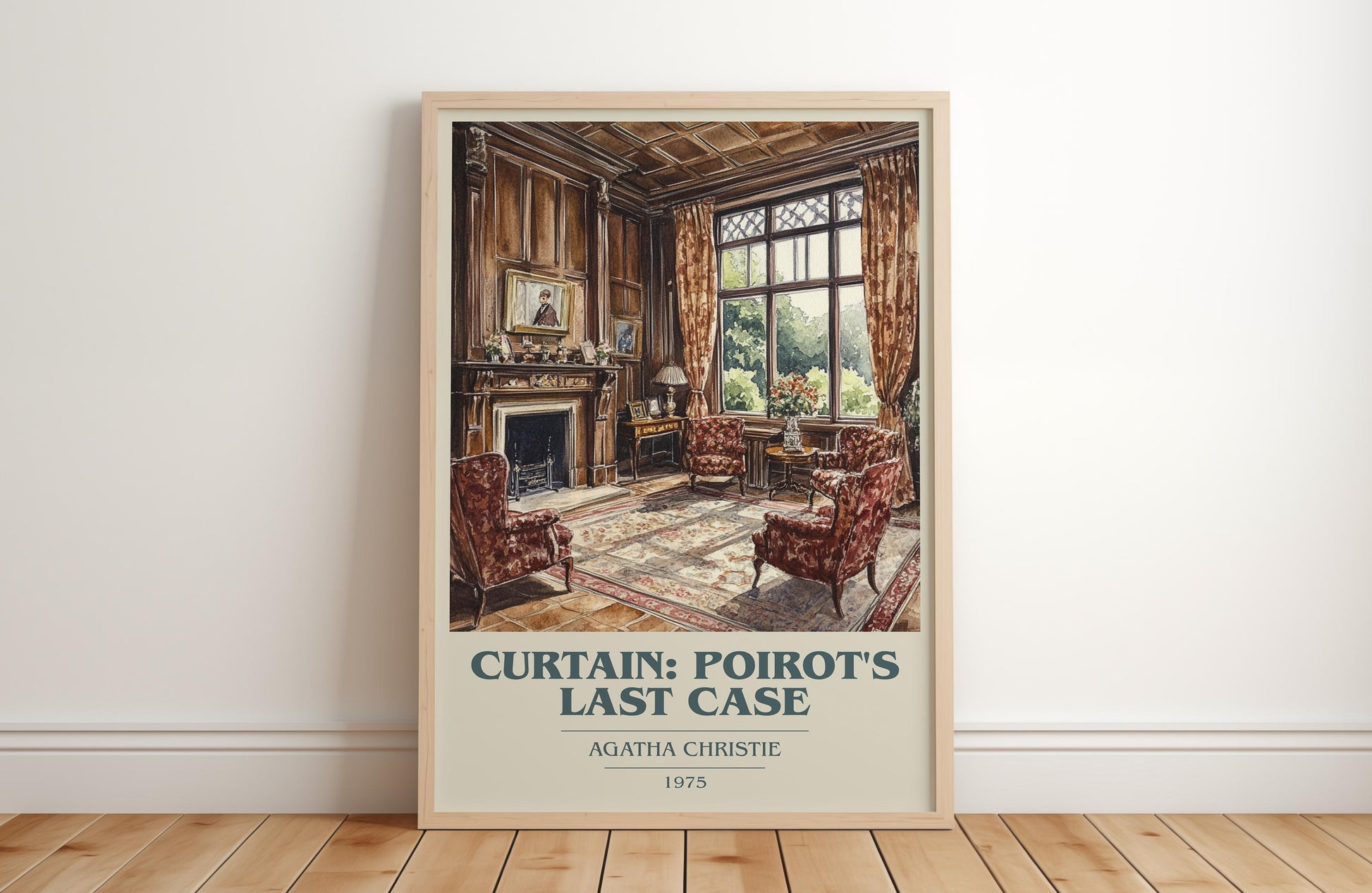 Curtain: Poirot's Last Case book cover print in frame leaning in hallway – mystery wall art