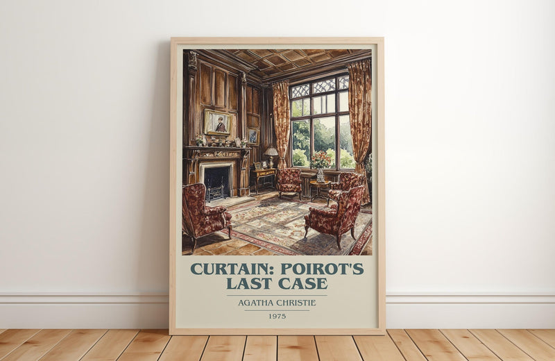 Curtain: Poirot's Last Case book cover print in frame leaning in hallway – mystery wall art