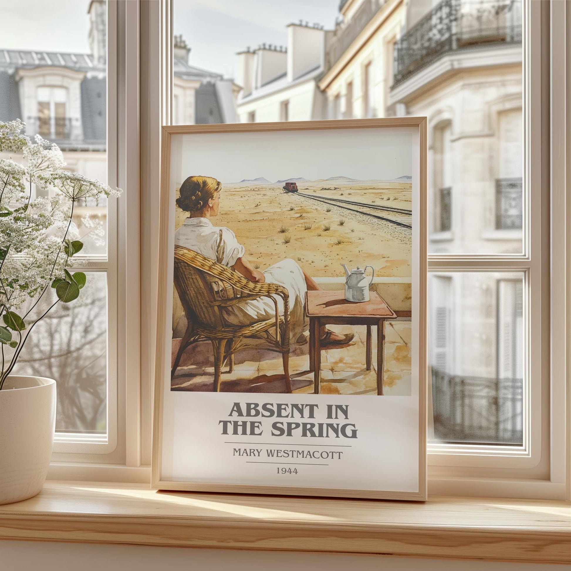 Absent In The Spring book cover print framed by window – literary home decor