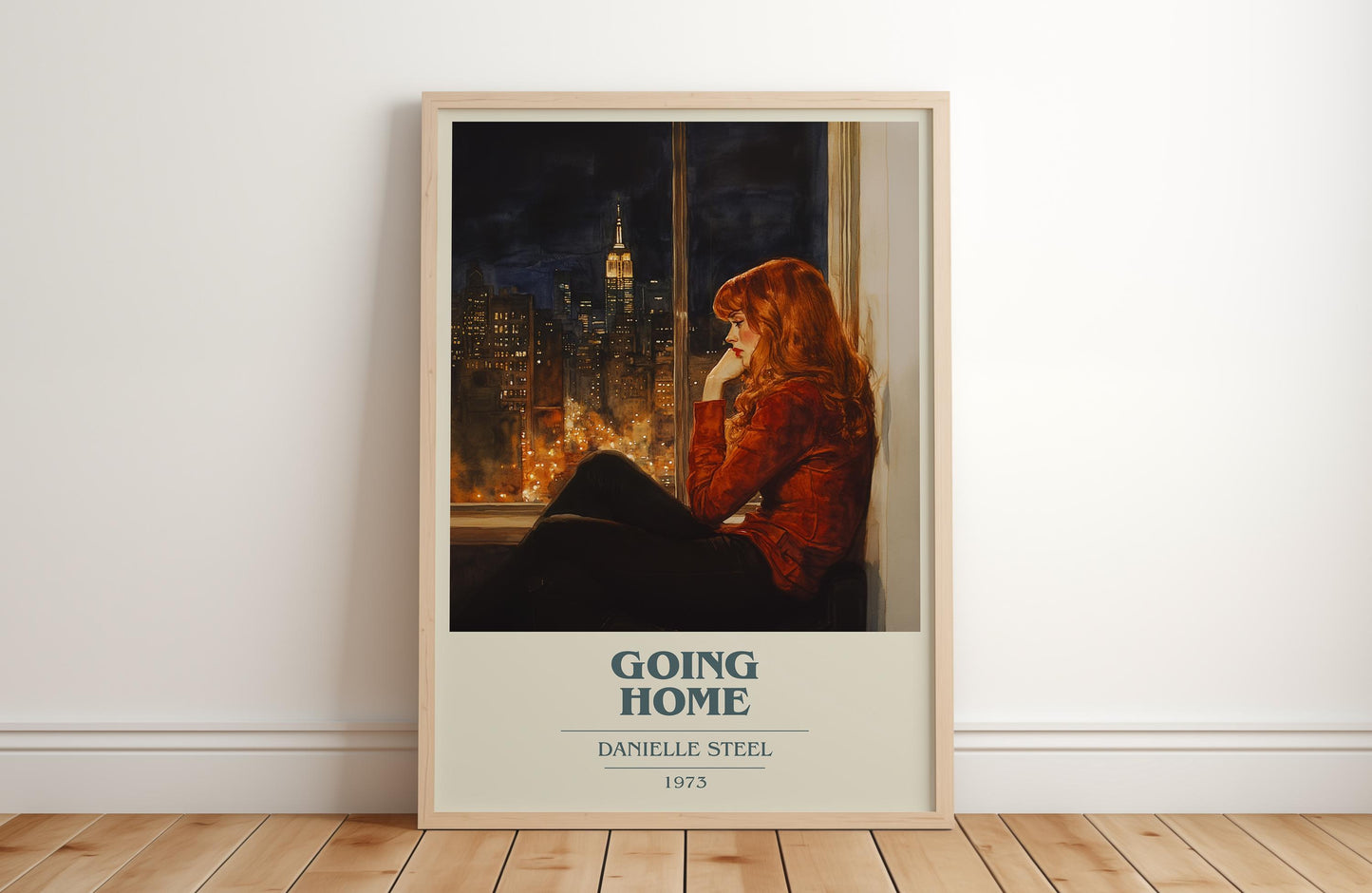 Going Home book cover print in frame leaning in hallway – romance wall art