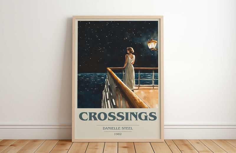 Crossings book cover print in frame leaning in hallway – romance wall art