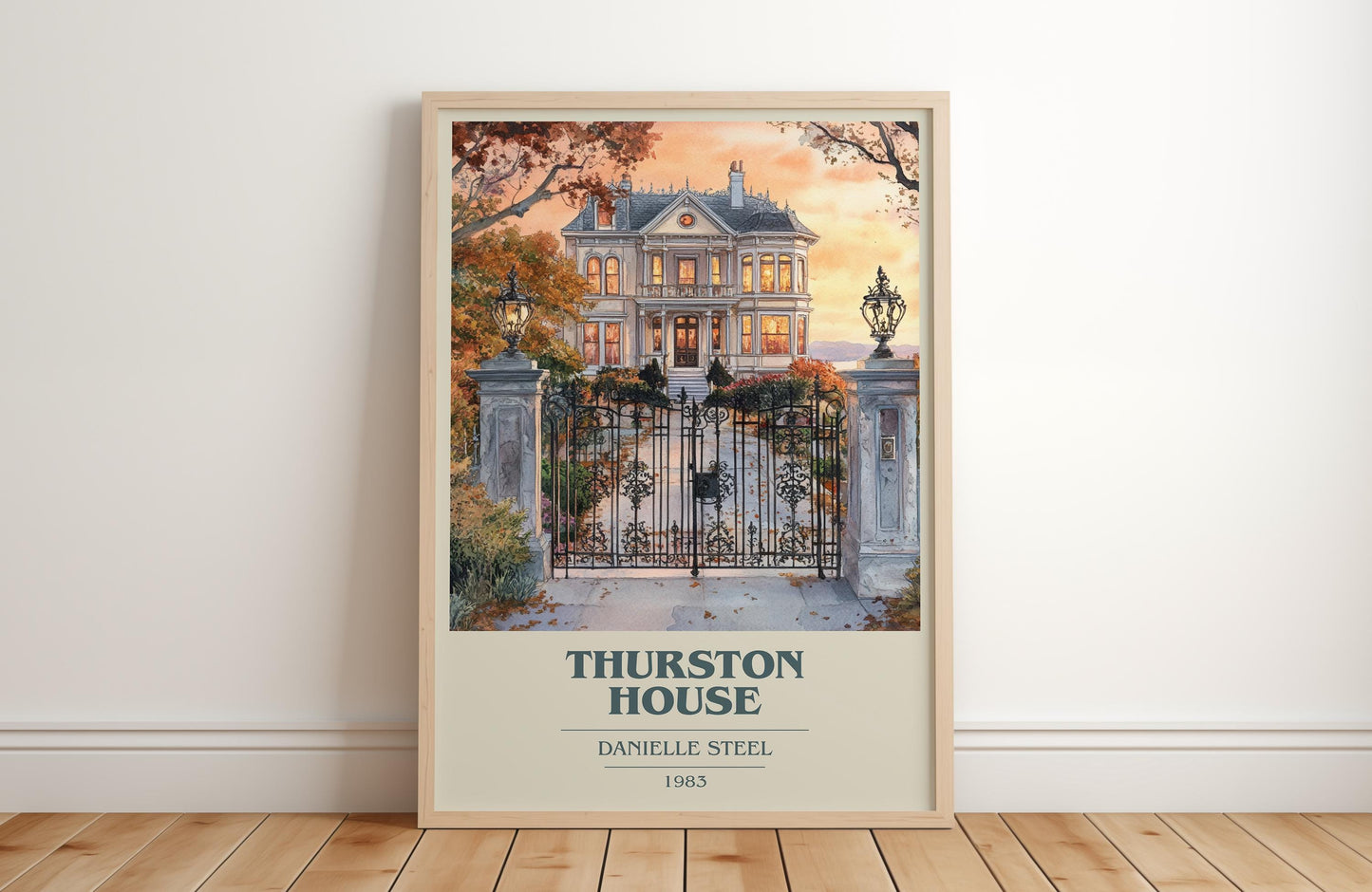 Thurston House book cover print in frame leaning in hallway – romance wall art