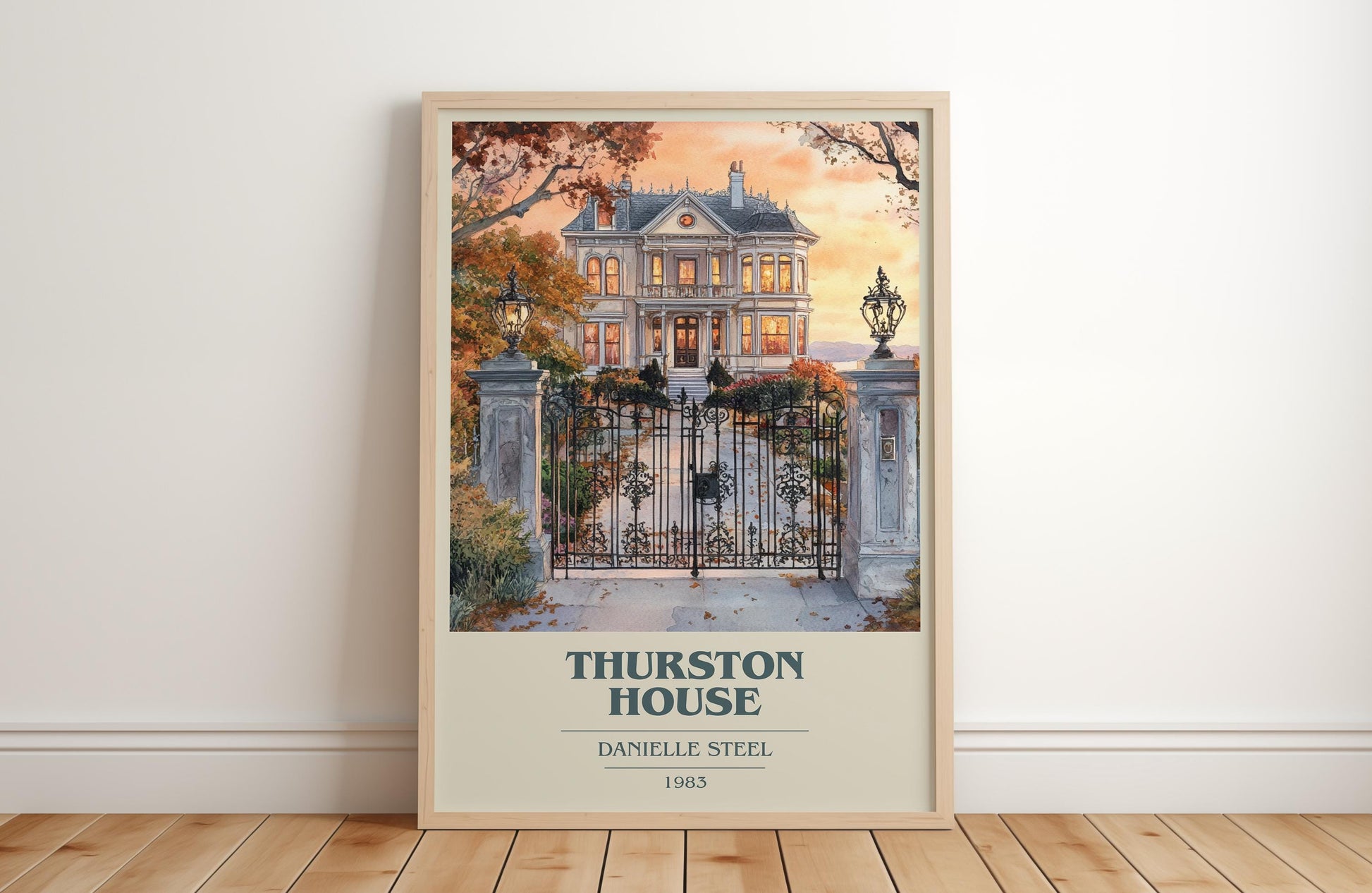 Thurston House book cover print in frame leaning in hallway – romance wall art
