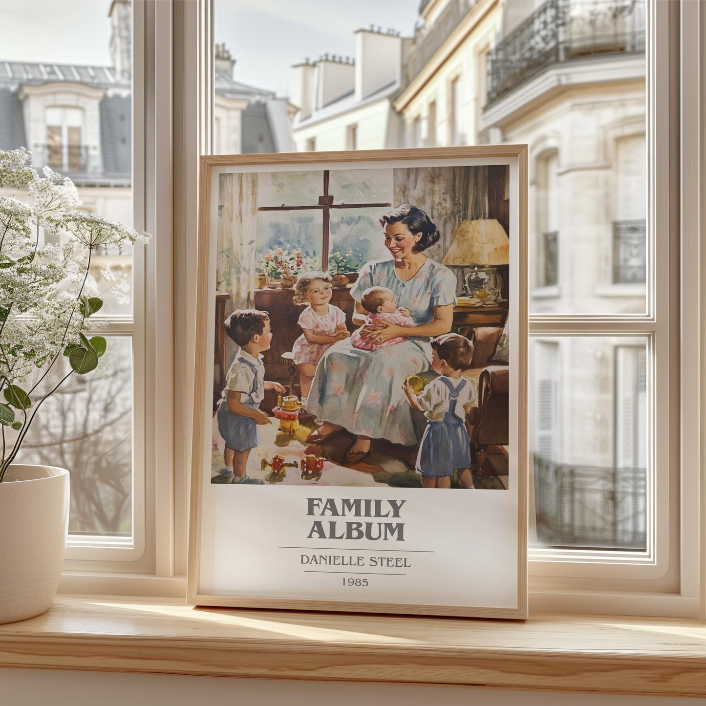 Family Album book cover print framed by window – literary home decor