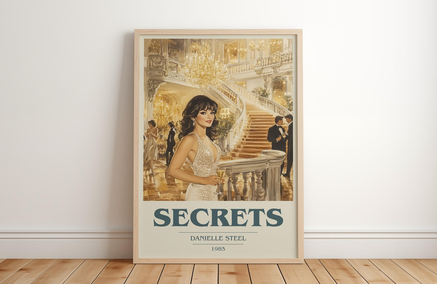 Secrets book cover print in frame leaning in hallway – contemporary fiction wall art