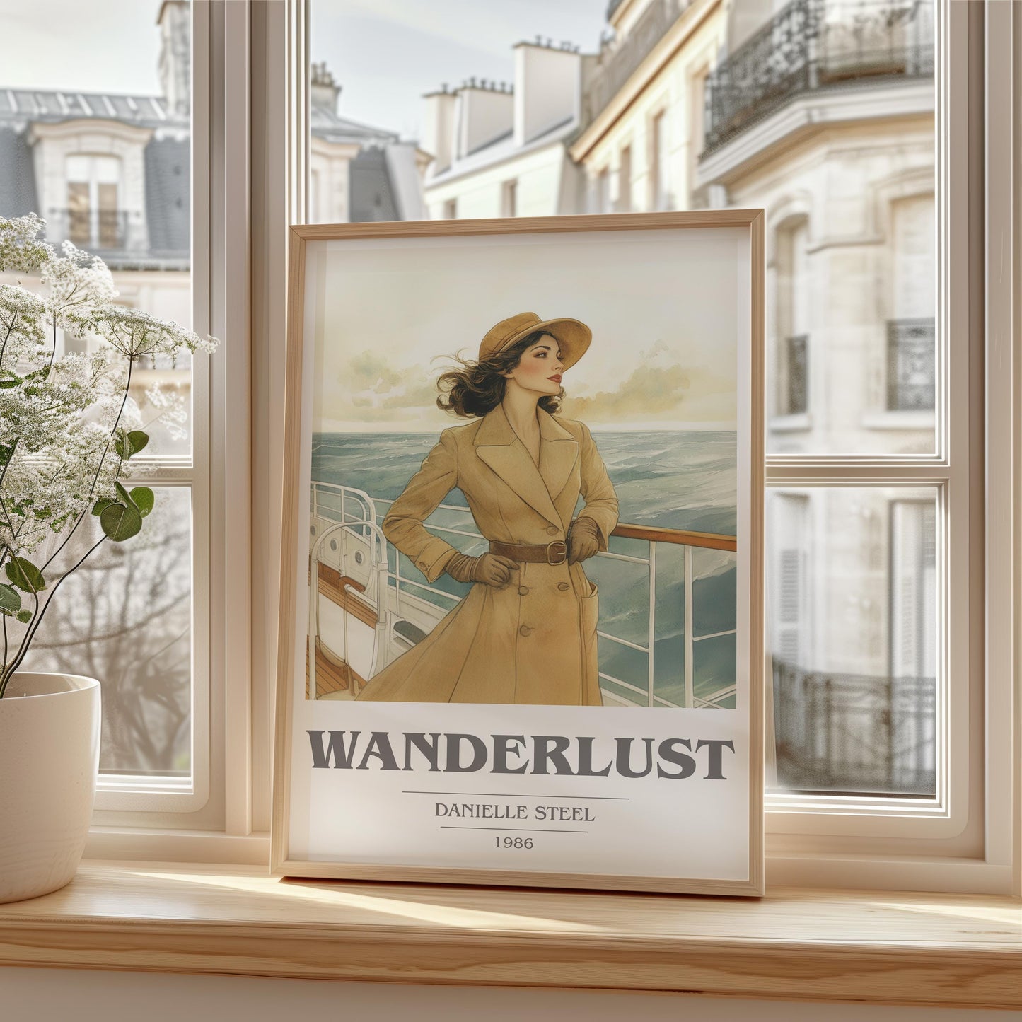 Wanderlust book cover print framed by window – literary home decor