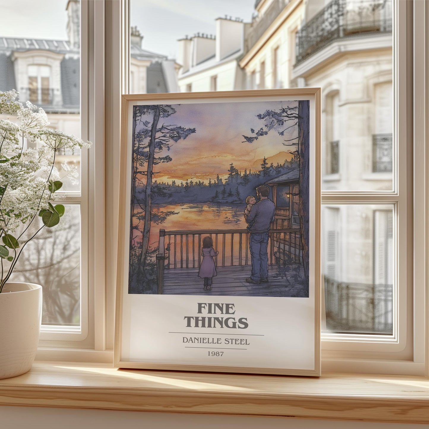 Fine Things book cover print framed by window – literary home decor