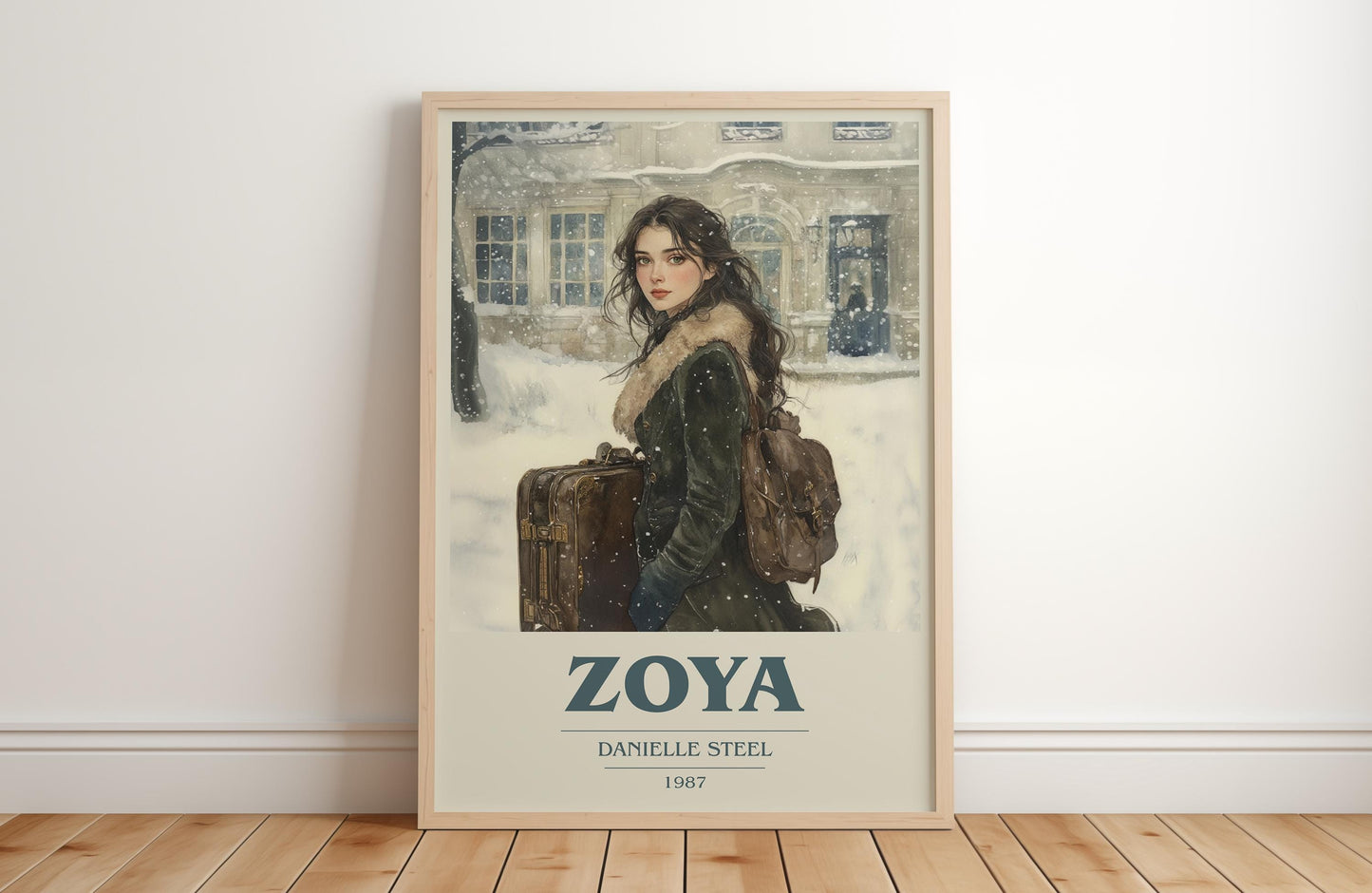 Zoya book cover print in frame leaning in hallway – historical fiction wall art