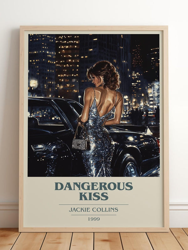 Dangerous Kiss book cover print in frame leaning in hallway – romance wall art