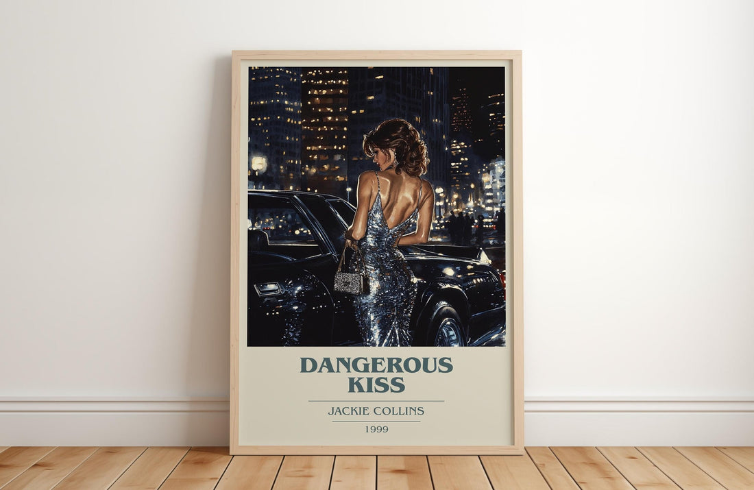 Dangerous Kiss book cover print in frame leaning in hallway – romance wall art (mockup)