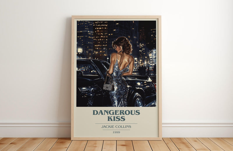 Dangerous Kiss book cover print in frame leaning in hallway – romance wall art