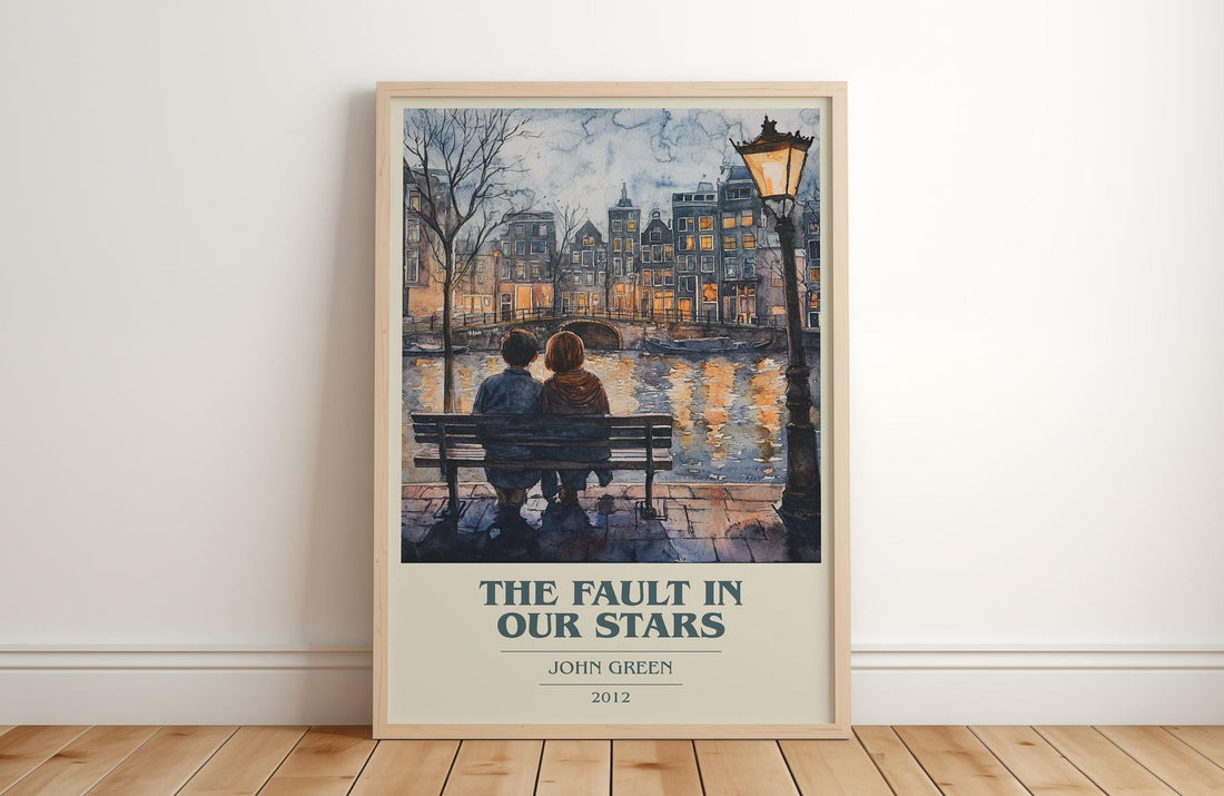 The Fault in Our Stars book cover print in frame leaning in hallway – young adult wall art (mockup)