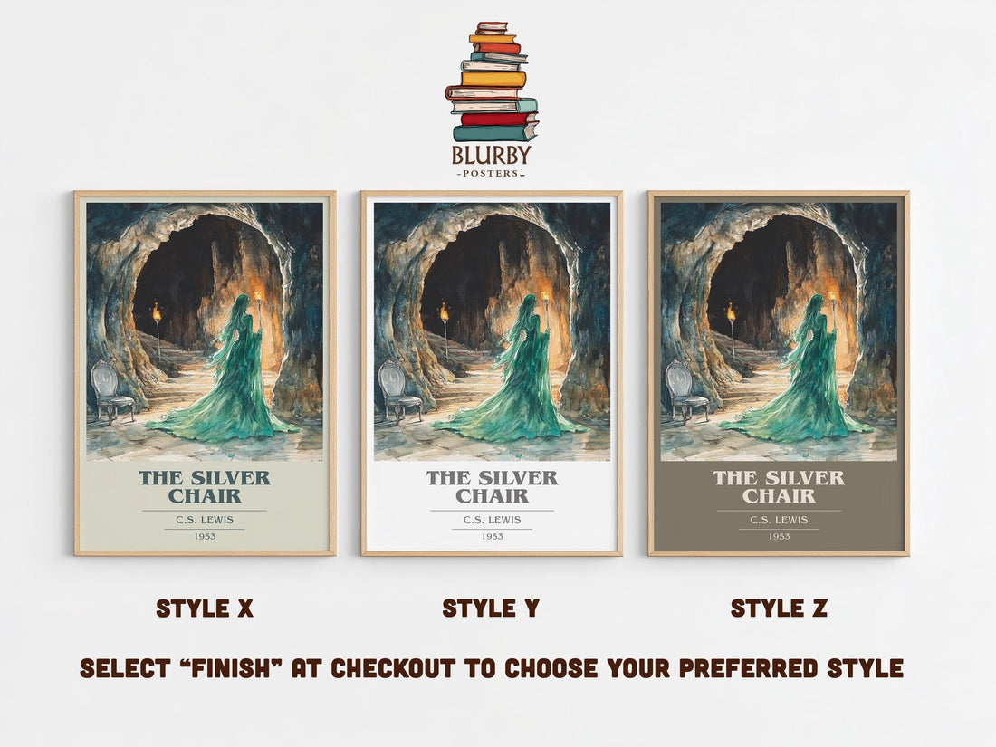 The Silver Chair book cover print in frame leaning in hallway – childrens wall art (mockup)