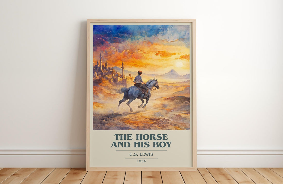 The Horse and his Boy book cover print in frame leaning in hallway – childrens wall art (mockup)